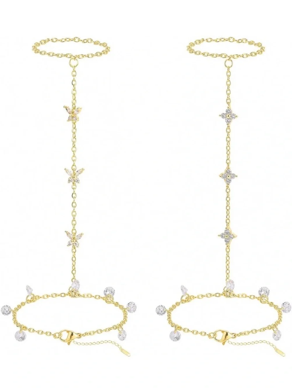 Anthropologie Gold Tone Floral Hand Chain with Clear Drops